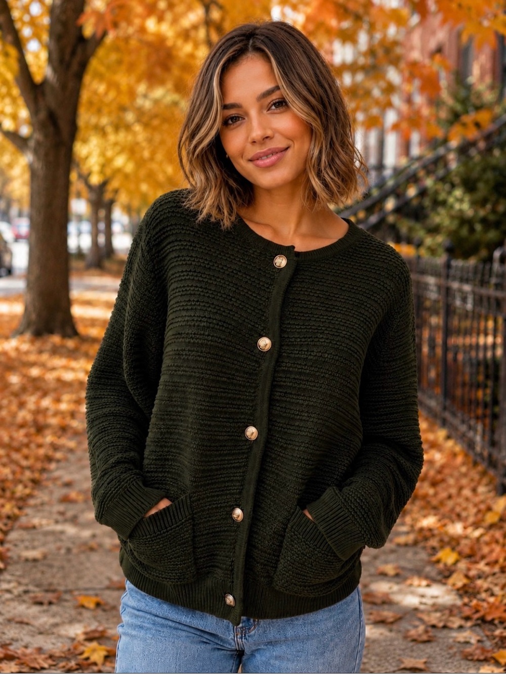 NWT Women's Cozy Ribbed Button-Front Cardigan - Dark Green